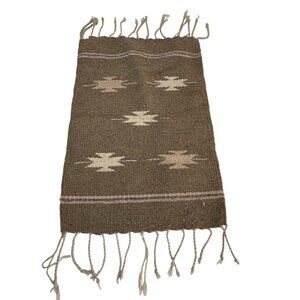 Handwoven Brown Wool Southwestern Mat Overlay Placemat Geometric Fringe 20"x14"